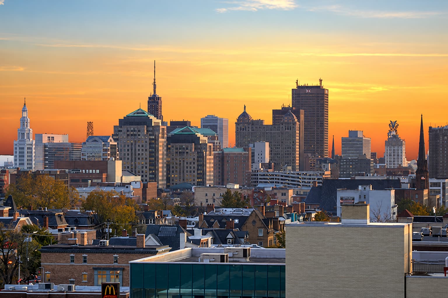 Downtown Buffalo skyline at sunset